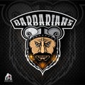 Beard man face with horned helmet. Logo for any sport team barbarians on dark