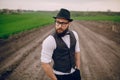 Beard man in field lonley Royalty Free Stock Photo