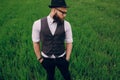 Beard man in field lonley Royalty Free Stock Photo