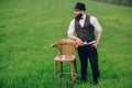 Beard man in field lonley Royalty Free Stock Photo