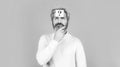 Beard man question mark in head, solution problems. Thinking man with question mark. Man question mark on forehead