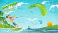 Beard man ride on kiteboard beside island. Bright illustration in flat cartoon style