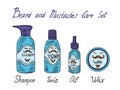 Beard and mustaches care blue set, shampoo, tonic, oil and wax with inscription, hand drawn doodle sketch, isolated vector Royalty Free Stock Photo
