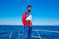 Beard sailor cap man sailing sea ocean in a boat Royalty Free Stock Photo