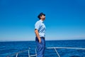 Beard sailor cap man sailing sea ocean in a boat Royalty Free Stock Photo