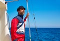 Beard sailor man sailing sea in a boat captain cap Royalty Free Stock Photo