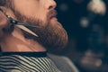 Beard styling and cut, barber shop concept. Close up cropped pr