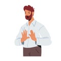 Bearded Adult Male Character Wearing Formal Wear Showing Refusal or Stop Gesture with Open Hand Palms front of Chest