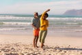 Bearded african american senior man dancing with happy mature woman against sea and sky in summer Royalty Free Stock Photo