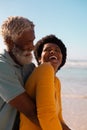 Bearded african american senior man embracing mature woman with afro hair at beach against clear sky Royalty Free Stock Photo