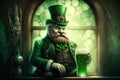 bearded bartender in a green hat serves beer at the bar on St. Patrick's Day. Cartoon style