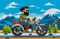 Bearded biker in checkered shirt rides motorcycle through hilly landscape