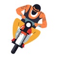 Bearded biker with tattoos racing on motorcycle front view illustration