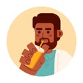 Bearded black guy drinking straw 2D vector avatar illustration