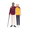 Bearded blind man with sunglasses and cane standing and embracing with his friend. Male character with blindness, visual