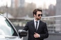 bearded bodyguard in suit and sunglasses Royalty Free Stock Photo