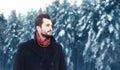 Bearded brunette man in winter, looks away on a snowy background