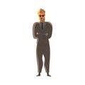 Bearded Brutal Man as Security Guard in Black Suit Standing at Nightclub Face Control Vector Illustration