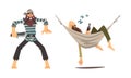 Bearded Brutal Man Pirate or Buccaneer Character Attacking with Knife and Sleeping in Hammock with Alcohol Bottle Vector