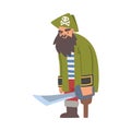 Bearded Brutal Man Pirate or Buccaneer Character with Sabre and Wooden Leg as Marine Robber Vector Illustration