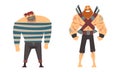 Bearded Brutal Man Pirate or Buccaneer Character Standing and Smiling with Crossed Swords Behind Vector Set