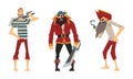 Bearded Brutal Man Pirate or Buccaneer Character Standing and Smiling with Sword Vector Set