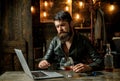 Bearded business man with glass of whiskey. Stressed from hard work. Royalty Free Stock Photo