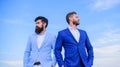 Bearded business people posing confidently. Perfect in every detail. Business men stand blue sky background. Business Royalty Free Stock Photo