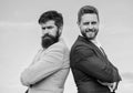 Bearded business people posing confidently. Perfect in every detail. Business men stand blue sky background. Well Royalty Free Stock Photo