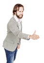 Bearded businessman giving hand for an handshake. human emotion