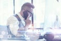 Bearded Businessman Planning Global Strategy Virtual Screen.Startup Concept Innovation Graphs Interfaces Icon.Young Man Royalty Free Stock Photo