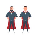 Bearded businessman with a red cloak in a cartoon style. A man superhero holds his hands on his belt. Isolated. Vector.