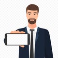 Bearded businessman showing the empty smartphone screen vector illustration. Phone screen alpha transperant background.