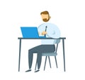 Bearded businessman sitting at his workplace. Manager working on a laptop. Flat vector illustration. Isolated on white Royalty Free Stock Photo