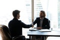 Bearded businessman in suit shaking hands with job seeker. Royalty Free Stock Photo