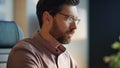 Bearded businessman typing laptop in office closeup. Focused manager working Royalty Free Stock Photo