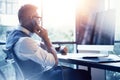 Bearded Businessman Wearing White Shirt Waistcoat Working Modern Loft Startup Computer.Creative Young Man Using Mobile Royalty Free Stock Photo