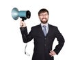 Bearded businessman yelling through bullhorn. Public Relations. man expresses various emotions. photos of young Royalty Free Stock Photo