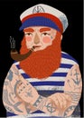 A bearded captain in a vest, and in a captain`s cap, crossed his tattooed arms across his chest. He looks straight and