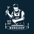 Bearded carpenter with saw chisel. Carpentry logo