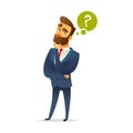 Bearded charming man is thinking. Question mark and manager. Pensive Businessman. Businessman thinking.