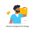 Bearded cheerful male character is transporting all of his things to a new place on his own on white background