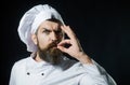 Bearded chef, cook or baker making tasty approval gesture by kissing fingers. Chef in uniform with perfect sign Royalty Free Stock Photo
