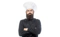 Bearded chef, cooks or baker. Bearded male chefs isolated on white. Cook hat. Confident bearded male chef in black Royalty Free Stock Photo