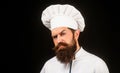 Bearded chef, cooks or baker. Bearded male chefs isolated on black. Cook hat. Confident bearded male chef in white Royalty Free Stock Photo