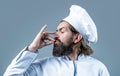 Bearded chef, cooks or baker. Bearded male chefs isolated on white, perfect. Professional chef man showing sign for Royalty Free Stock Photo