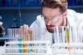 Bearded chemist in goggles with reagents in tubes in laboratory