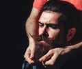 Bearded client visiting barber shop. Vintage barber shop, shaving. Portrait bearded man. Mustache men. Brutal guy. Beard Royalty Free Stock Photo