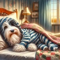 Bearded Collie Wearing Striped Pajamas In Bed