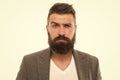 Bearded and confident. Hipster appearance. Beard fashion and barber concept. Man bearded hipster stylish beard and